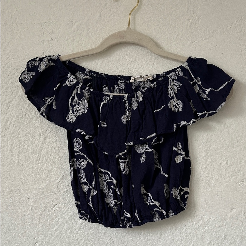 Embroidered Off-Shoulder Navy Floral Crop Top